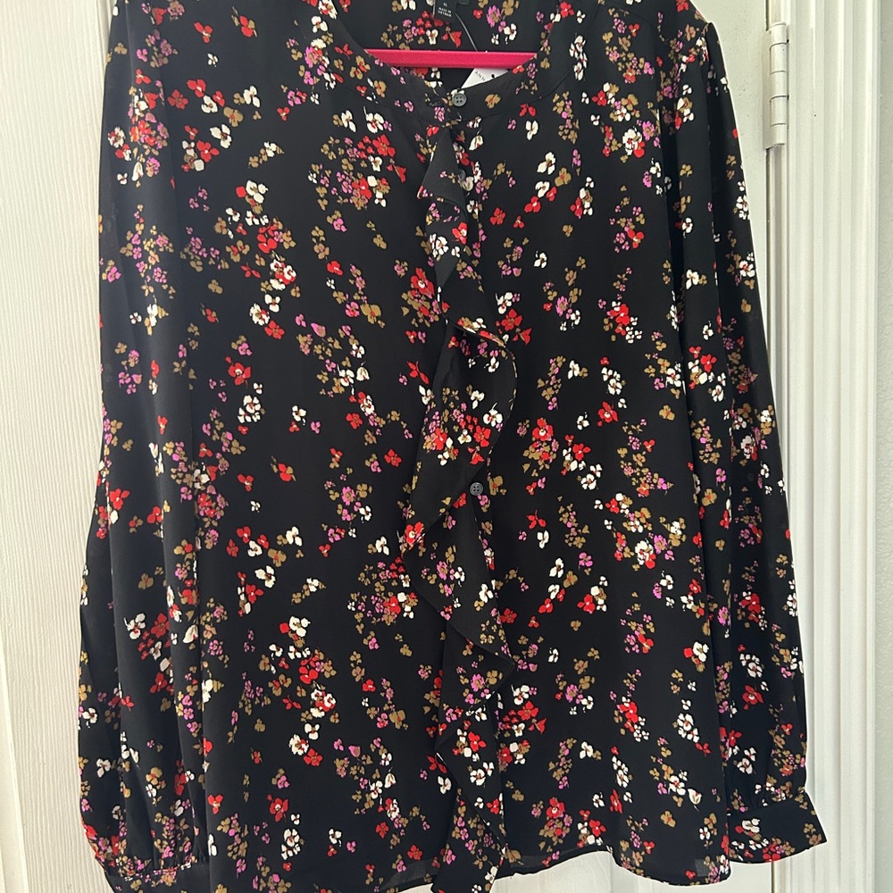 Ann Taylor Black Floral Ruffle Blouse